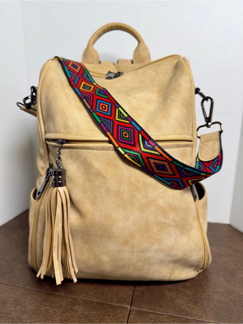 Fadeon Convertible Beige Faux Leather Backpack Colorful Embroidered Strap Sz M